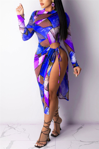 Blue Sexy Print Bandage Tie-dye Slit O Neck Long Sleeve Mid Calf Pencil Skirt Dresses