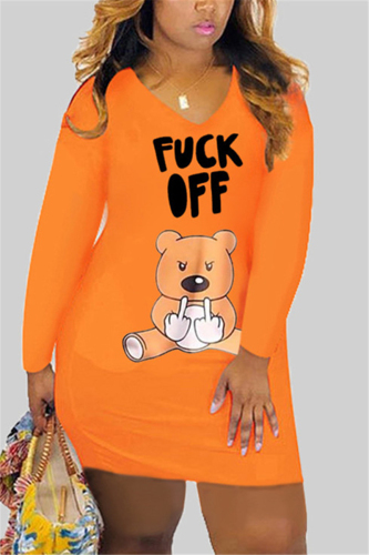 Orange Fashion Casual Adult Character Print Letter V Neck Long Sleeve Knee Length Printed Dress Dresses