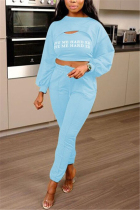 Light Blue Fashion Long Sleeve O Neck Regular Sleeve Short Letter Print Two Pieces