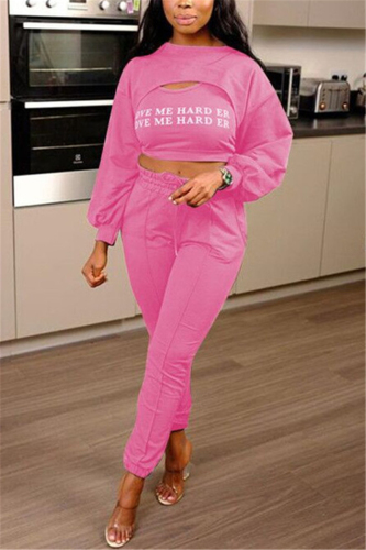 Pink Fashion Long Sleeve O Neck Regular Sleeve Short Letter Print Two Pieces