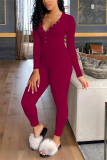 Wine Red Casual Sportswear Fiber Solid Buttons V Neck Skinny Jumpsuits