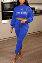 Deep Blue Fashion Long Sleeve O Neck Regular Sleeve Short Letter Print Two Pieces