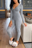 Grey Casual Sportswear Fiber Solid Buttons V Neck Skinny Jumpsuits
