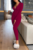 Wine Red Casual Sportswear Fiber Solid Buttons V Neck Skinny Jumpsuits