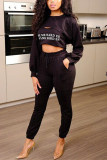Black Fashion Long Sleeve O Neck Regular Sleeve Short Letter Print Two Pieces