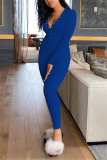 Blue Casual Sportswear Fiber Solid Buttons V Neck Skinny Jumpsuits