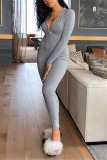Blue Casual Sportswear Fiber Solid Buttons V Neck Skinny Jumpsuits