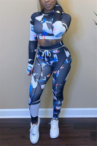 multicolor Sportswear Print O Neck Long Sleeve Regular Sleeve Two Pieces