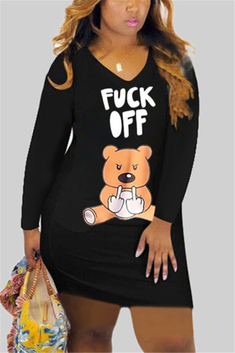 Black Fashion Casual Adult Character Print Letter V Neck Long Sleeve Knee Length Printed Dress Dresses