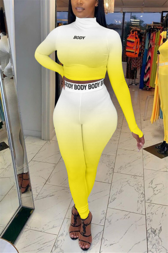 Yellow Fashion Print Patchwork O Neck Long Sleeve Regular Sleeve Regular Two Pieces