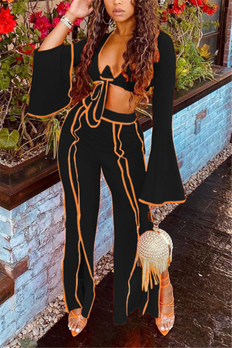 Black Fashion Casual Adult Milk Fiber Patchwork Solid Patchwork V Neck Long Sleeve Flare Sleeve Short Two Pieces