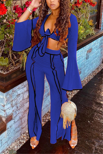 Blue Fashion Casual Adult Milk Fiber Patchwork Solid Patchwork V Neck Long Sleeve Flare Sleeve Short Two Pieces