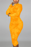 Orange Fashion Milk Fiber Print Tie-dye Fold Mandarin Collar Long Sleeve Knee Length Sheath Dresses