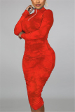 Red Fashion Milk Fiber Print Tie-dye Fold Mandarin Collar Long Sleeve Knee Length Sheath Dresses