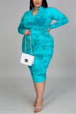 Blue Fashion Milk Fiber Print Tie-dye Fold Mandarin Collar Long Sleeve Knee Length Sheath Dresses