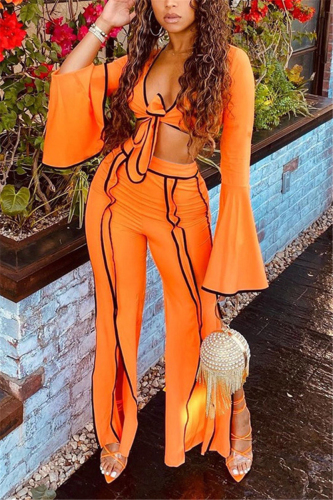 Orange Fashion Casual Adult Milk Fiber Patchwork Solid Patchwork V Neck Long Sleeve Flare Sleeve Short Two Pieces