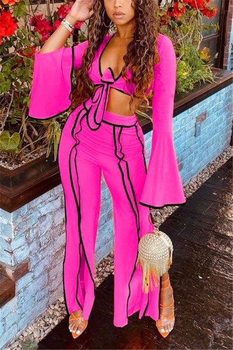 rose red Fashion Casual Adult Milk Fiber Patchwork Solid Patchwork V Neck Long Sleeve Flare Sleeve Short Two Pieces