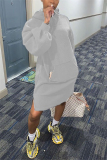 Grey Casual Solid Hooded Collar Long Sleeve Knee Length Cake Skirt Dresses