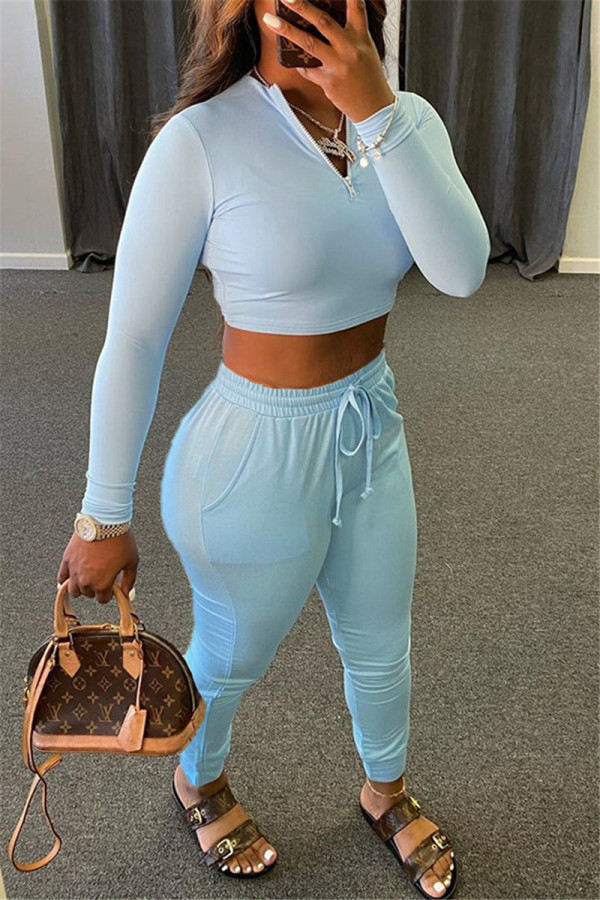 Light Blue Work Daily Solid O Neck Long Sleeve Short Two Pieces