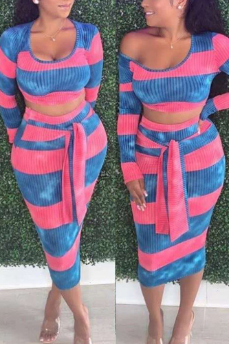 Blue Fashion Casual Long Sleeve O Neck Regular Sleeve Short Striped Print Two Pieces