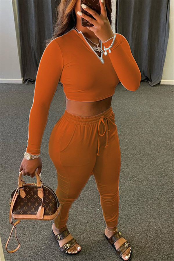 Orange Work Daily Solid O Neck Long Sleeve Short Two Pieces