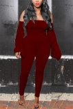 Wine Red Fashion Sexy Strapless Long Sleeve Off The Shoulder Skinny Solid Jumpsuits
