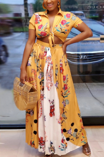 Yellow Fashion Casual Short Sleeve Turndown Collar Regular Sleeve Short Print Two Pieces