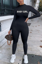 Black British Style Print Solid O Neck Skinny Jumpsuits