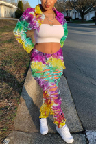 Green Fashion Casual Adult Print Tie Dye Ripped Tie-dye Turndown Collar Long Sleeve Regular Sleeve Short Two Pieces