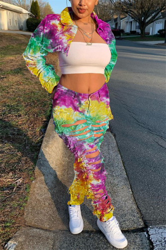 Green Fashion Casual Adult Print Tie Dye Ripped Tie-dye Turndown Collar Long Sleeve Regular Sleeve Short Two Pieces