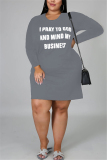 Grey Fashion Europe and America Street O Neck Letter Print Plus Size