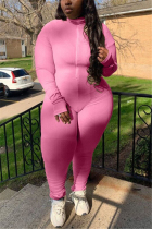 Pink Fashion Casual Turtleneck Long Sleeve Regular Sleeve Solid Plus Size Jumpsuit