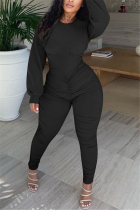 Black Fashion Daily Adult Solid Fold O Neck Skinny Jumpsuits