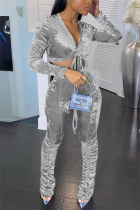 Grey Fashion Daily Adult Pleuche Solid Draw String Fold V Neck Long Sleeve Regular Sleeve Short Two Pieces