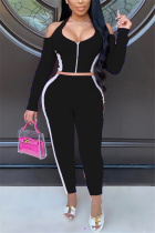 Black Sexy Casual Spandex Twilled Satin Patchwork Solid Patchwork Zipper Collar Long Sleeve Cold Shoulder Short Two Pieces