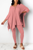 Pink Fashion Casual Long Sleeve V Neck Regular Sleeve Regular Solid Two Pieces