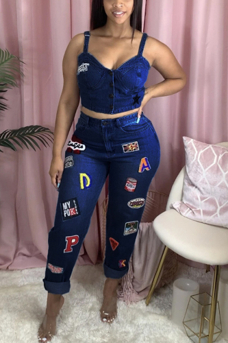 Blue Sexy Embroidery Embroidered Make Old Patchwork Backless Spaghetti Strap Sleeveless Spaghetti Strap Short Two Pieces