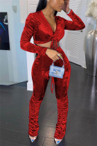 Red Fashion Daily Adult Pleuche Solid Draw String Fold V Neck Long Sleeve Regular Sleeve Short Two Pieces