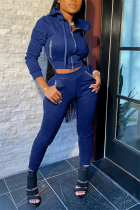 Royal blue Casual Street Sportswear Spandex Blends Rhinestone Solid Pocket Hooded Collar Long Sleeve Regular Sleeve Regular Two Pieces