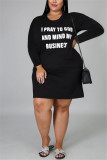 Grey Fashion Europe and America Street O Neck Letter Print Plus Size