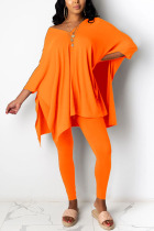 Orange Fashion Casual Long Sleeve V Neck Regular Sleeve Regular Solid Two Pieces