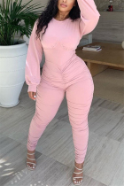Pink Fashion Daily Adult Solid Fold O Neck Skinny Jumpsuits
