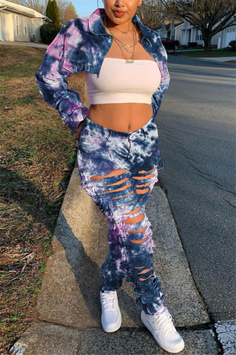 Dark Blue Fashion Casual Adult Print Tie Dye Ripped Tie-dye Turndown Collar Long Sleeve Regular Sleeve Short Two Pieces
