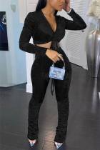 Black Fashion Daily Adult Pleuche Solid Draw String Fold V Neck Long Sleeve Regular Sleeve Short Two Pieces