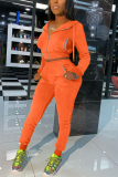 Orange Casual Street Sportswear Spandex Blends Rhinestone Solid Pocket Hooded Collar Long Sleeve Regular Sleeve Regular Two Pieces