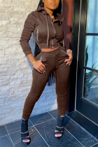 Coffee Casual Street Sportswear Spandex Blends Rhinestone Solid Pocket Hooded Collar Long Sleeve Regular Sleeve Regular Two Pieces