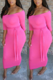 Pink Fashion Sexy Off The Shoulder Three Quarter Bateau Neck Ankle Length Solid Dresses