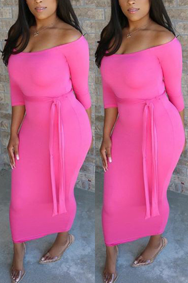 Pink Fashion Sexy Off The Shoulder Three Quarter Bateau Neck Ankle Length Solid Dresses