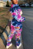 rose red Fashion Casual Adult Print Tie Dye Ripped Tie-dye Turndown Collar Long Sleeve Regular Sleeve Short Two Pieces