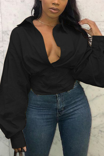 Black Fashion Sexy Adult Solid Patchwork Turndown Collar Tops